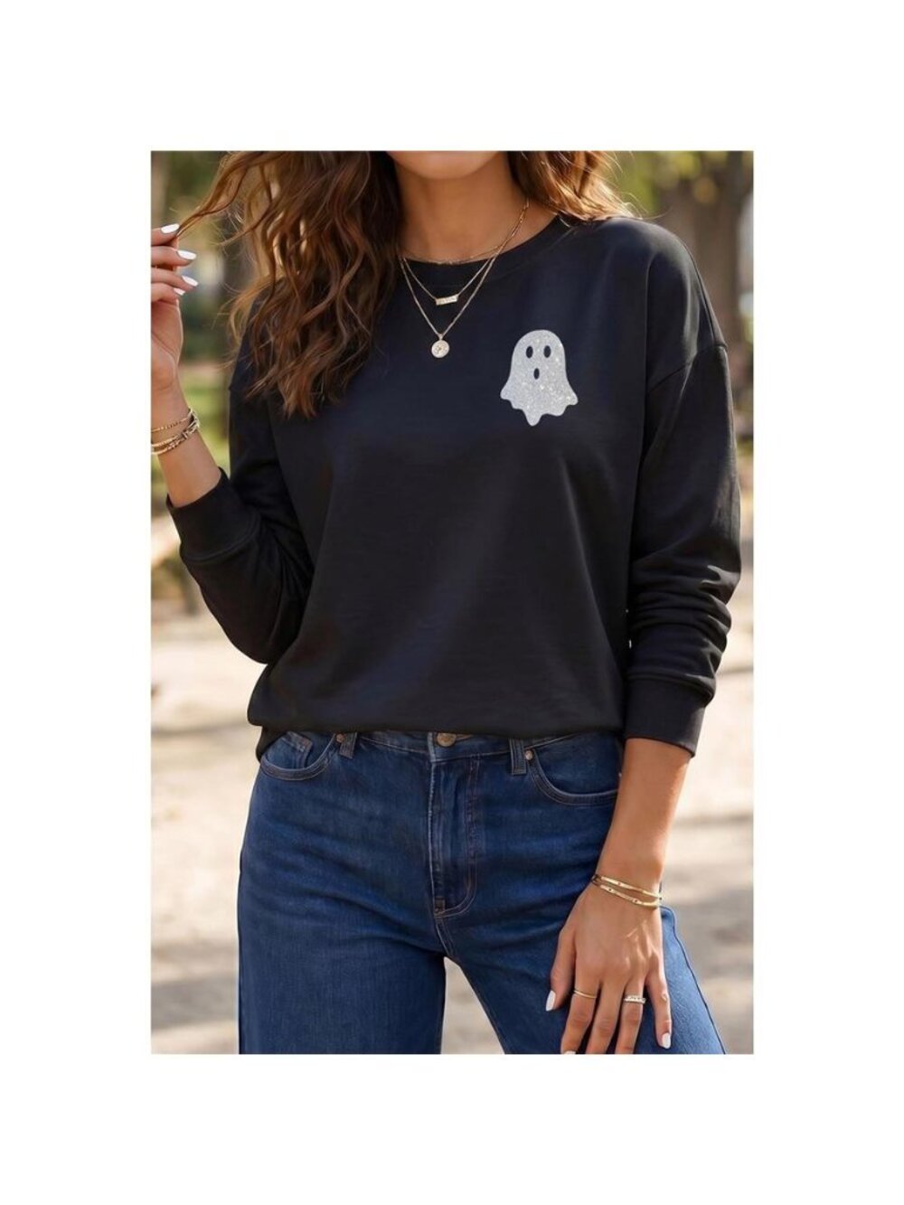 Round Neck Ghost Print Regular Fit Graphic Long Sleeve T-Shirt